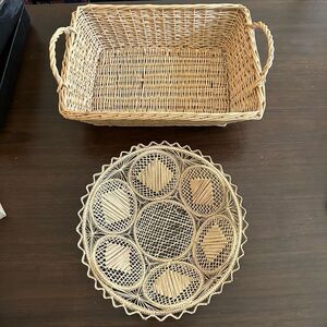 2 Baskets Handled & Round BoHo Decor Woven Geometric Design Wall Decor Fruit